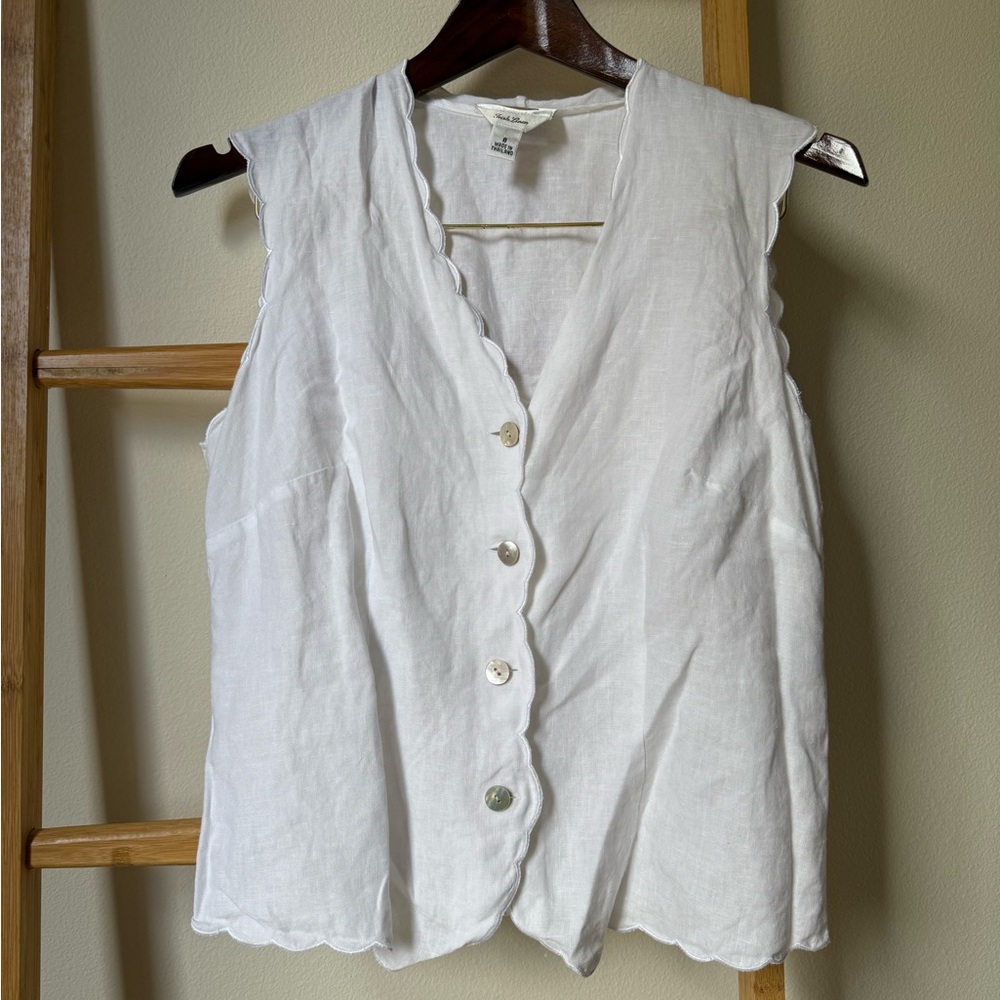 Talbots White Scalloped Button-Down Blouse 100% Irish Linen